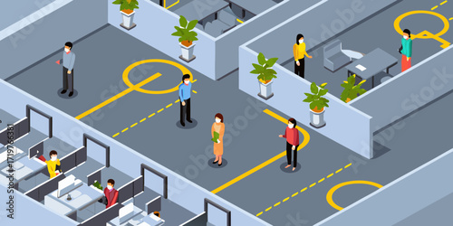 Isometric office with people wearing masks and maintaining social distancing with floor markings