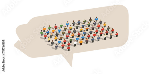 Diverse group of people gathered inside a large speech bubble representing communication and community