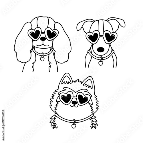 outline set of isolated fun dogs wearing heart glasses