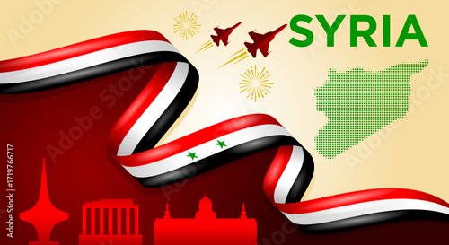 Syria Independence Day Banner with Flag Ribbon and Landmarks
