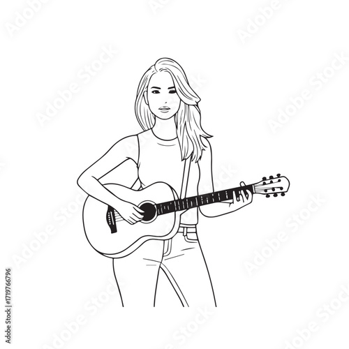 Black and white line art of a cool woman playing guitar in casual outfit minimalist stylish illustration
