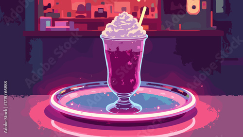 Retro diner neon tray — chrome tray with milkshake silhouette and neon rim, halftone shadow, palette: cherry, chrome