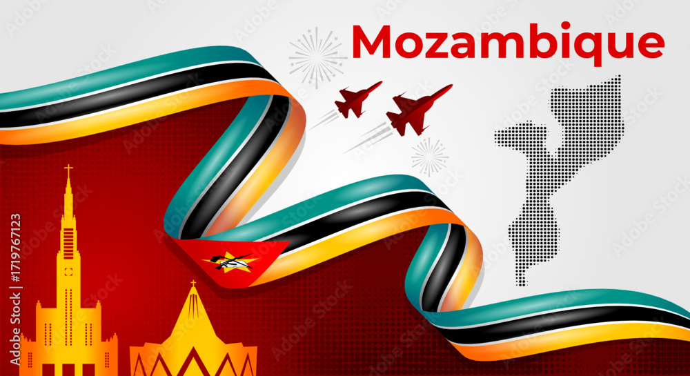 Obraz premium Mozambique Independence Day Banner with Flag Ribbon and Landmarks
