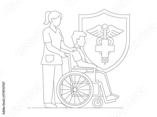 Healthcare and medical insurance for patient ,nurse; wheelchair; shield; caduceus; medical; care; health; protection isolated on white background