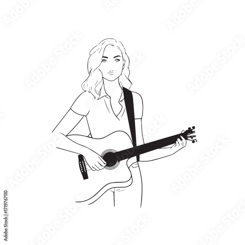 Black and white line art of a cool woman playing guitar in casual outfit minimalist stylish illustration
