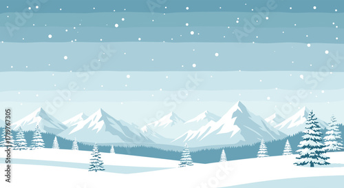 A serene pixel art landscape depicting a snowy winter scene with mountains and trees.