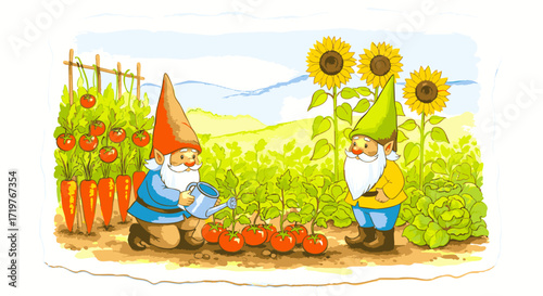 Cute illustration of two garden gnomes tending to their vegetable patch with tomatoes, carrots, and sunflowers on a sunny day