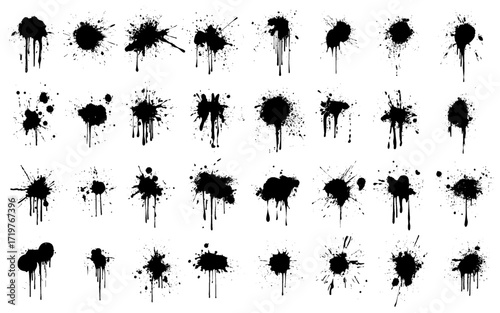 Ink drops and splashes. Blotter spots, liquid paint drip drop splash and ink splatter. Artistic dirty grunge abstract spot vector set. Illustration monochrome drip splash, splat messy inkblot.
