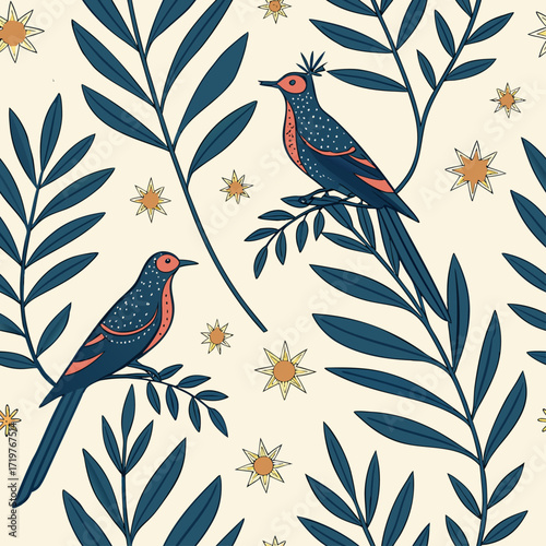 Chinoiserie garden with flower, bird seamless pattern for wallpaper.