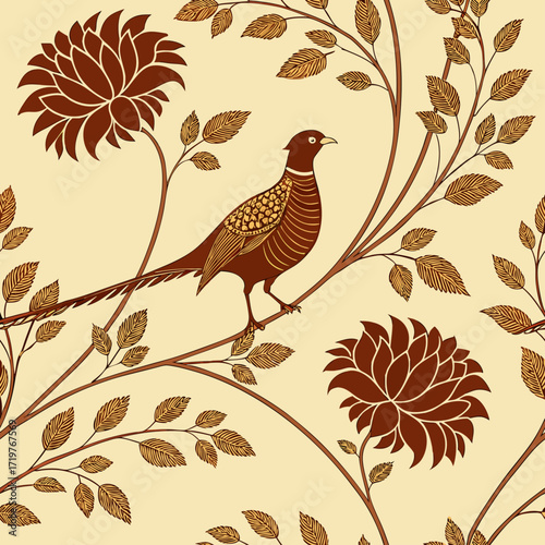 Chinoiserie garden with flower, bird seamless pattern for wallpaper.