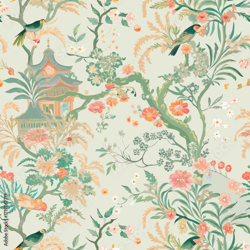 Chinoiserie garden with flower, bird seamless pattern for wallpaper.