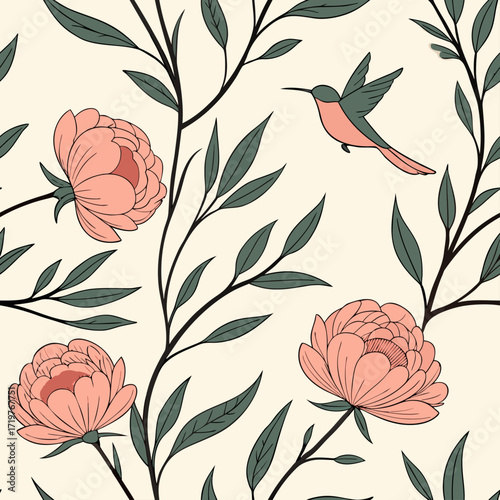 Chinoiserie garden with flower, bird seamless pattern for wallpaper.