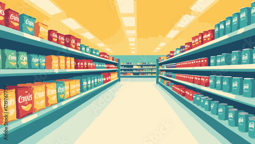Y2K snack aisle — stylized chip bags and soda cans in neat rows, glossy plastic sheen, palette: neon yellow, teal