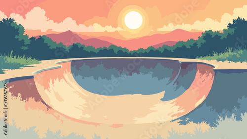 Skatepark postcard — aerial of halfpipe with sticker graphics and sun flare, concrete texture, palette: sand, coral