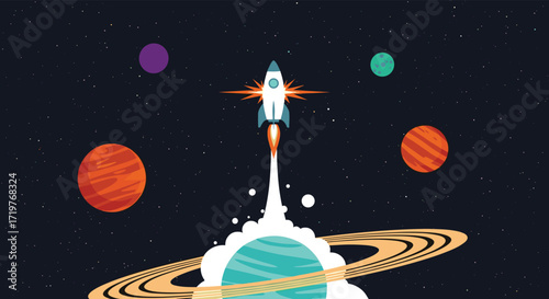 A vibrant pixel art illustration depicts a rocket launching into a starry galaxy filled with colorful planets and celestial bodies.