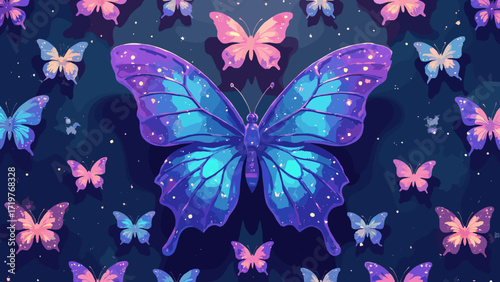 Holo butterfly wallpaper — repeating metallic butterfly tiles with slight rotation, soft shadow grid, palette: holo, navy