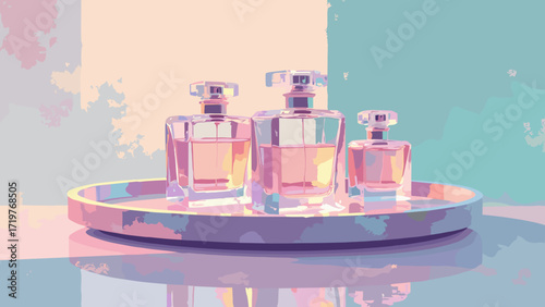Prism perfume tray — clustered bottles with refracted rainbow shards on lacquered tray, palette: pearl, rose, teal
