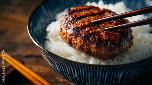 Japanese Hamburger Steak on Steamed Rice. The setting is simple and natural, suggesting a wholesome, satisfying meal. This image is perfect for showcasing Asian-inspired comfort food, bento box menu


