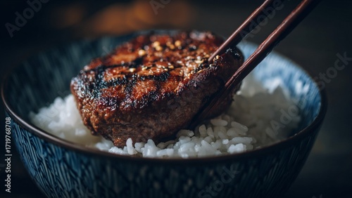 Close-up of a Hamburger Patty with Chopsticks resting on a bed of fluffy steamed rice, ready to be eaten. This image is perfect for showcasing Asian-inspired comfort food, bento box menus, food blogs.