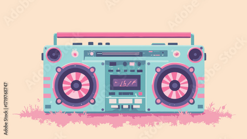 Candy-striped boombox — pastel boombox with striped speaker cones and soft bloom, palette: mint, bubblegum