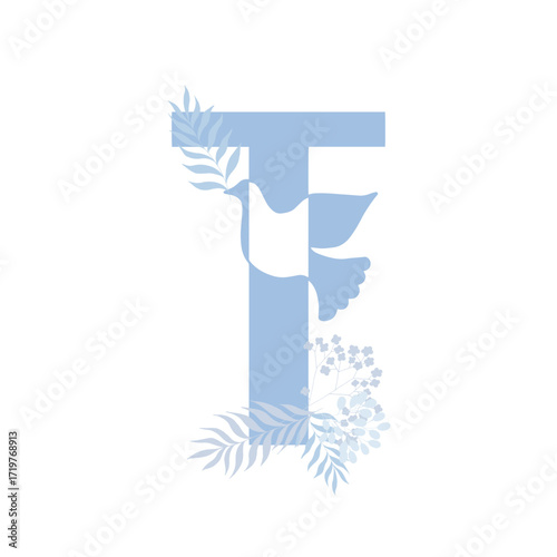 Tender blue peace family monogram. Latin letter T with dove and palm leaves on white background