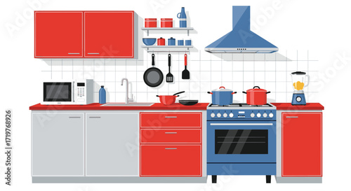 A bright and modern kitchen interior featuring red cabinets and appliances.