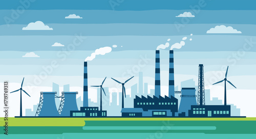 Industrial landscape with a mix of traditional factories and modern wind turbines producing clean energy.