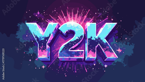 Y2K chrome logo poster — bold reflective chrome wordmark, iridescent gradient halo, halftone starbursts, magenta-cyan fade