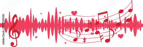 Passionate music design with vibrant soundwave, musical notes, treble clef, and red hearts symbolizing love and melody, perfect for creative projects