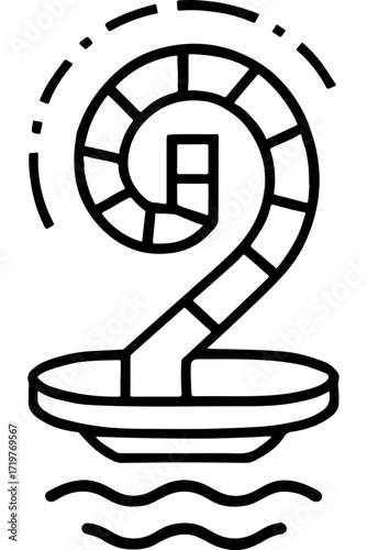 Stylized line art icon of a water slide with splash pool and ripples