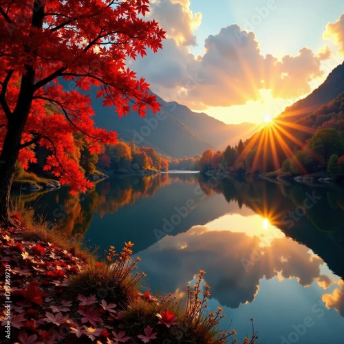 Wallpaper Mural Crimson and gold foliage surrounds tranquil lake at sunset, stunning autumn vista , breathtaking, image, golden hour Torontodigital.ca