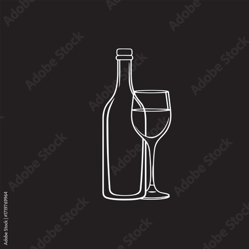 Minimal bottle and glass duo line art vector design concept black and white illustration.