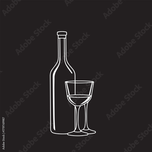 Minimal bottle and glass duo line art vector design concept black and white illustration.