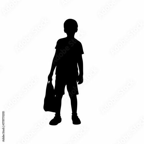 Silhouette of a boy waiting outside a hospital ward holding a bag isolated on white background