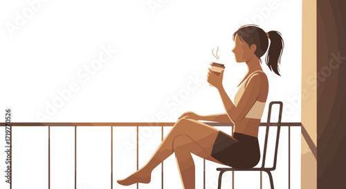 Woman enjoys morning coffee on her balcony, breathing in the fresh air and starting her day with peace and reflection, feeling calm and energized