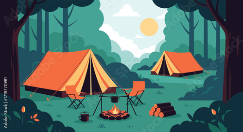 A peaceful campsite nestled among tall trees with a crackling campfire under a bright sun.