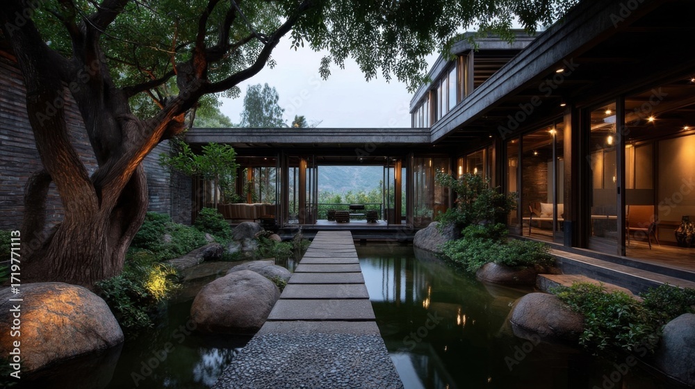 Obraz premium Elegant outdoor courtyard with a rectangular stone-bordered pond, wooden walkway leading to arched seating area,