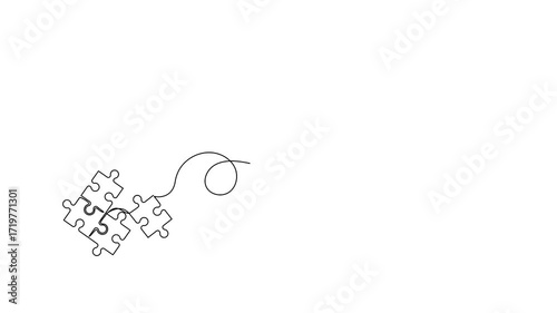 Continuous one line drawing of connected jigsaw puzzle pieces and paper plane flying up. Concept of startup and brainstorming. 4K video animation with alpha channel.