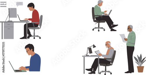 Diverse professionals working on laptops and computers, showcasing modern office life and collaboration across generations for business success and innovation
