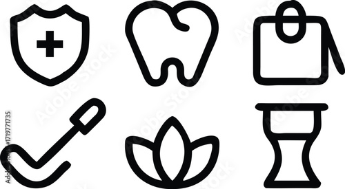Medical Shield, Dental Care, Toilet Paper Roll, Golf Club, Lotus Flower, Hourglass Icons Vector Illustration Isolated