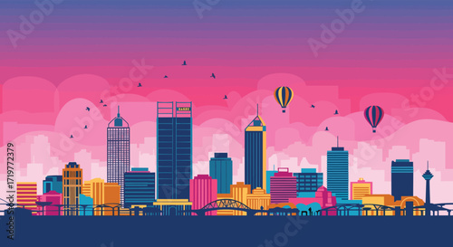 Vibrant cityscape with modern architecture and hot air balloons in a colorful sky.