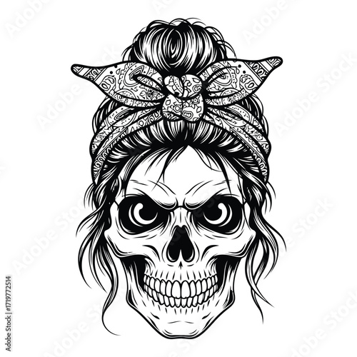 Vector art of skull with bandana and messy bun