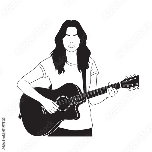 Black and white line art of a cool woman playing guitar in casual outfit minimalist stylish illustration