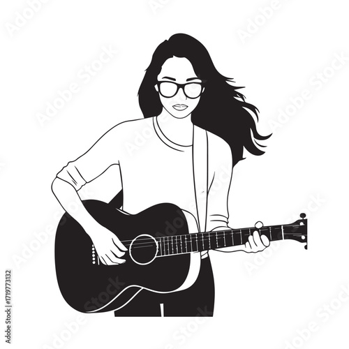 Black and white line art of a cool woman playing guitar in casual outfit minimalist stylish illustration
