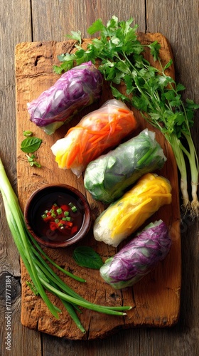 Colorful vegetable spring rolls on wooden board