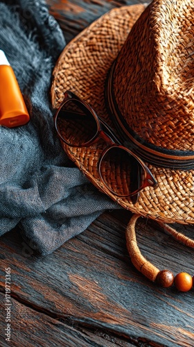 Summer accessories on wooden surface