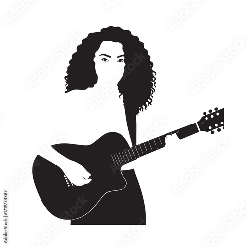 Black and white line art of a cool woman playing guitar in casual outfit minimalist stylish illustration