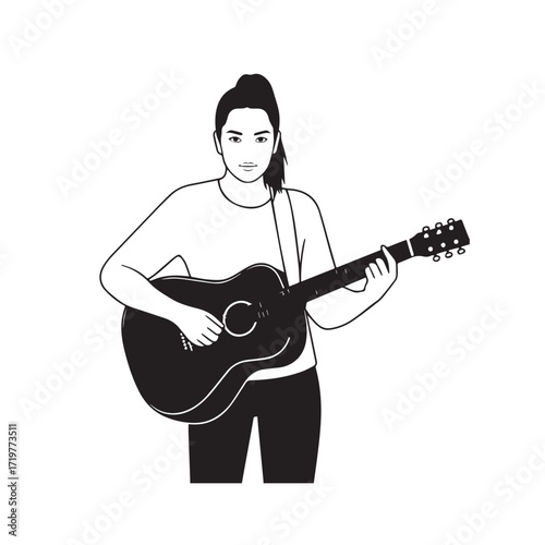 Black and white line art of a cool woman playing guitar in casual outfit minimalist stylish illustration