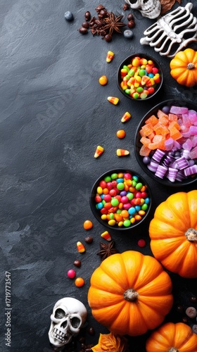 Halloween candy and pumpkins on dark background