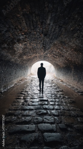 Person walking through dark tunnel